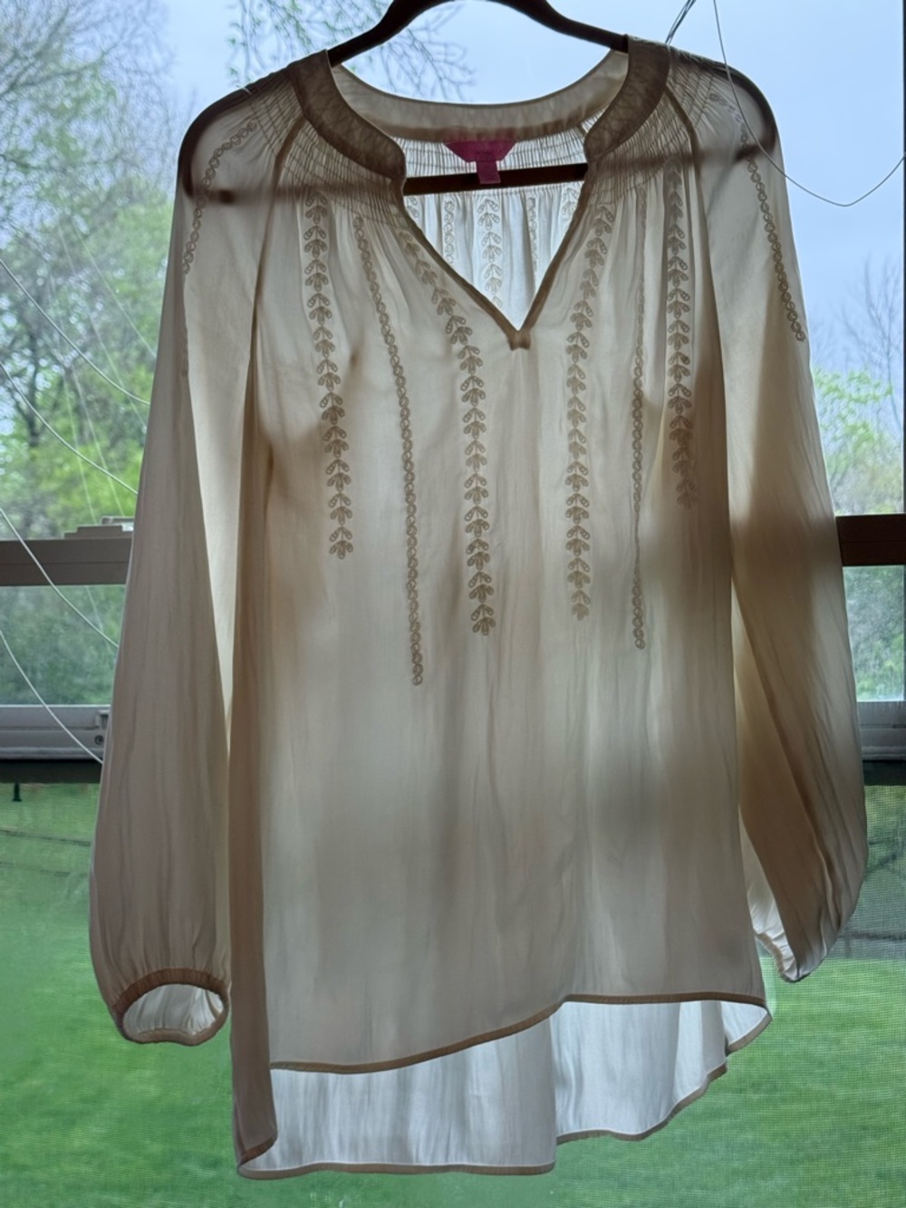 Lilly Pulitzer Cream Silky Embroidered V-Neck Peasant Blouse
